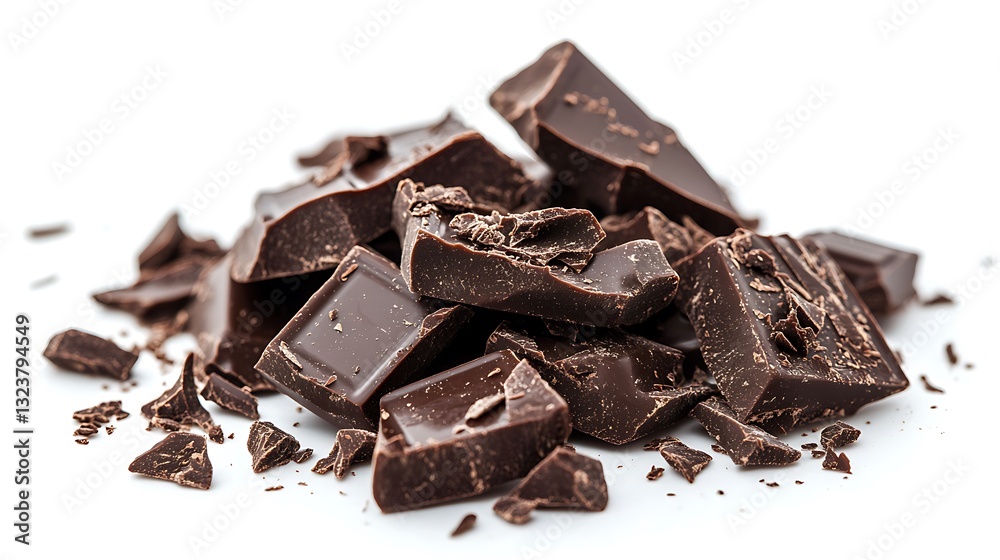 Dark chocolate chunks and shavings on white. Dark chocolate chunks and shavings on white.