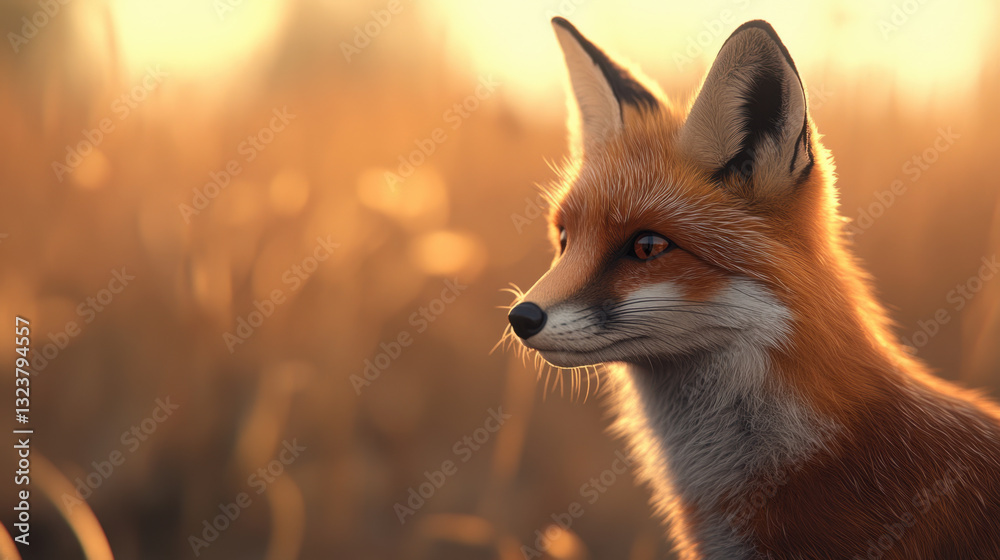 Obraz premium highly detailed red fox in warm, golden field, showcasing its expressive features and vibrant fur. serene atmosphere evokes sense of calm and beauty