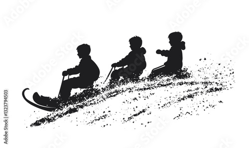 Children sledding silhouettes on snowy hill, winter play, vector, flat icons set.