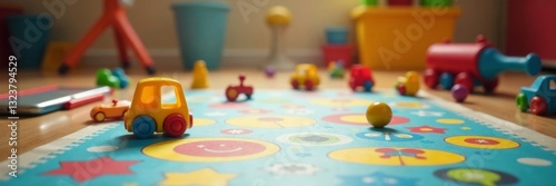 Colorful toys scattered on the floor, surrounded by a blurred playmat and art supplies, playthings, childhood