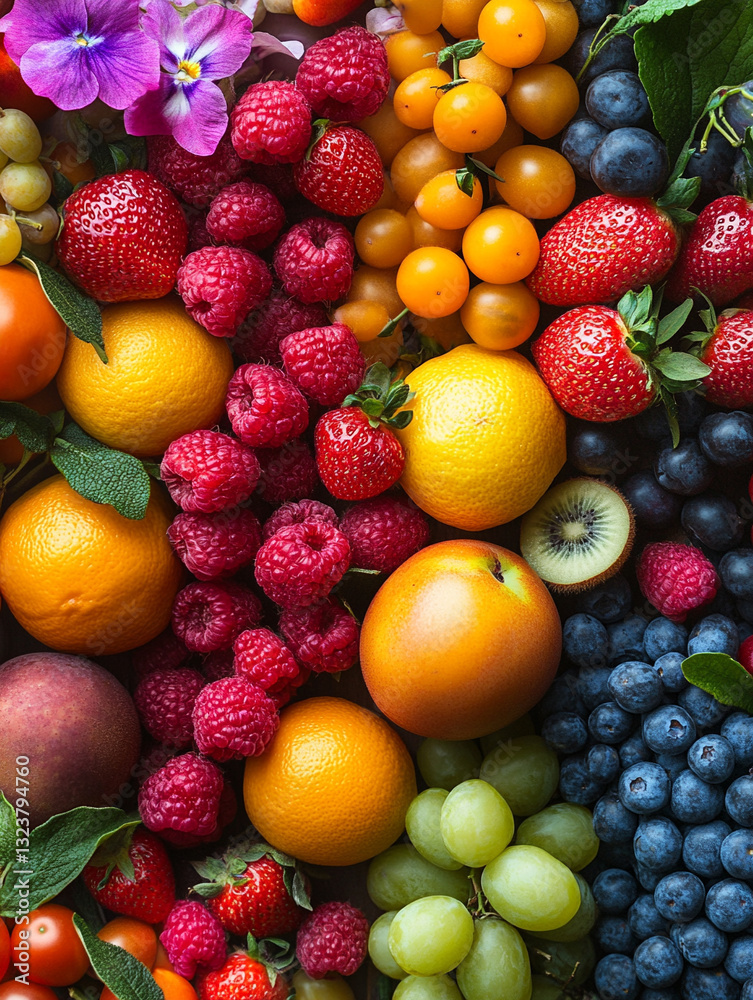 Colorful display of fresh fruits in vibrant arrangement Colorful display of fresh fruits in vibrant arrangement