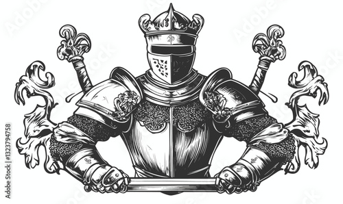 Medieval knight in armor with swords and floral motifs, heraldic symbols set, linear vector icons.