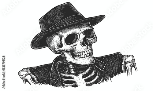 Skeleton with hat and jacket sketch - intricate linear icons set, vector.