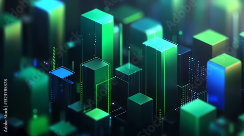 Cityscape with green and blue cubes