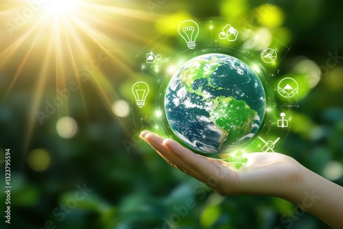 Fototapeta Naklejka Na Ścianę i Meble -  Holding the World: A delicate hand cradles the Earth, interwoven with glowing icons of sustainability, under a radiant sun, symbolizes a pledge to safeguarding the environment.