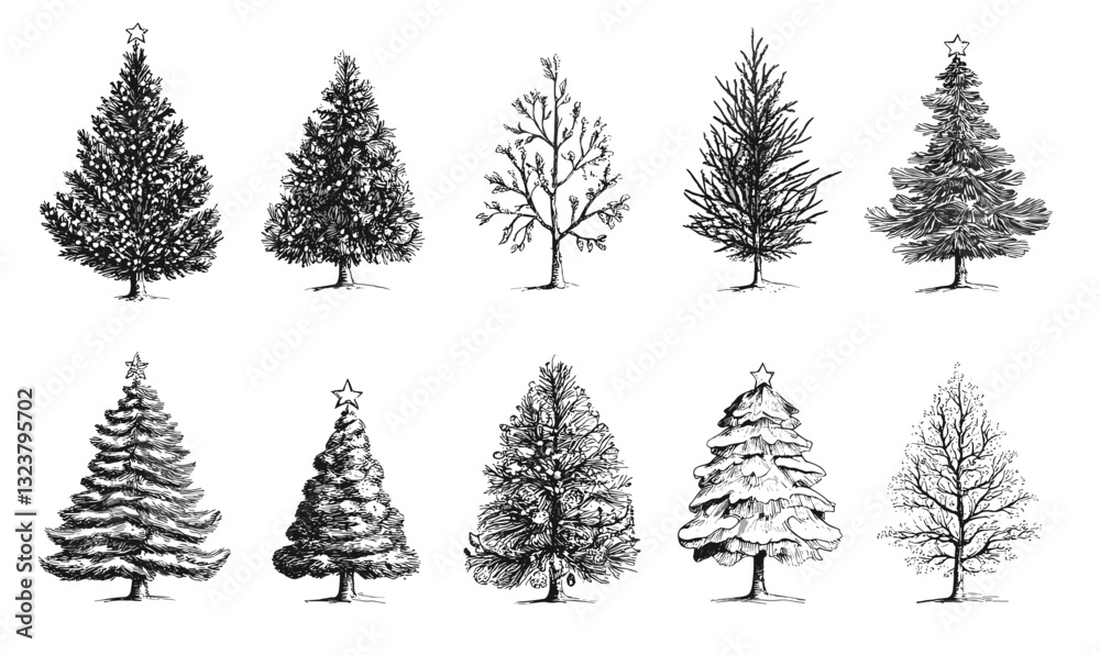 Obraz premium Hand-drawn christmas tree collection with various styles, vector, linear icons set.