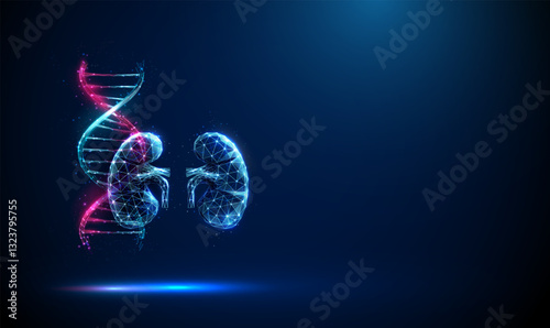 Abstract blue and purple DNA molecule helix and kidneys. Genetic biotechnology engineering concept.