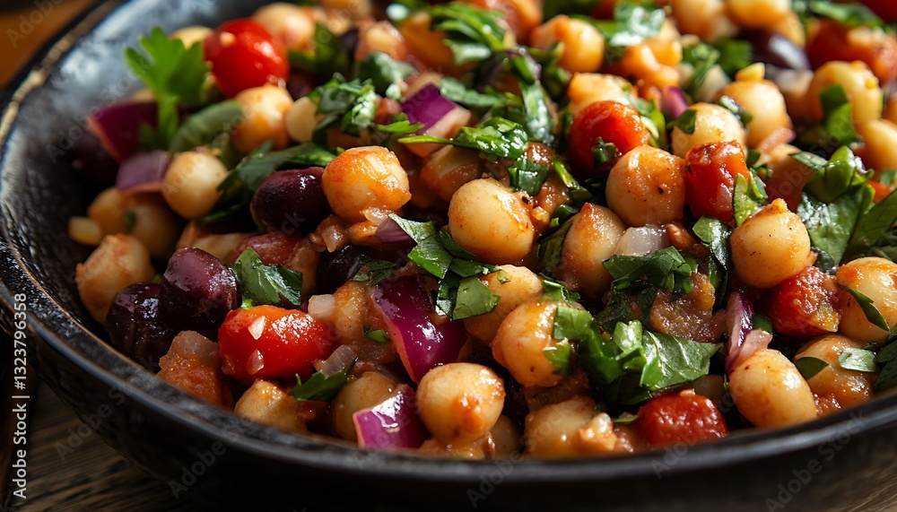 Delicious chickpea salad with tomatoes, red onion, and herbs. Delicious chickpea salad with tomatoes, red onion, and herbs.