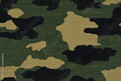 Seamless camouflage pattern featuring various shades of green and tan. The design includes irregular shapes and textures typical of military camouflage.