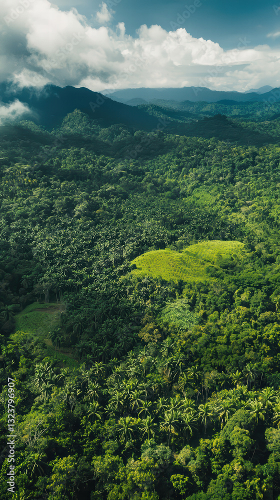 Fototapeta premium Emerald Canopy: High-angle view of a thriving, verdant rainforest canopy, alive with lush green foliage under a dynamic, cloud-swept sky. A panorama of natural abundance.