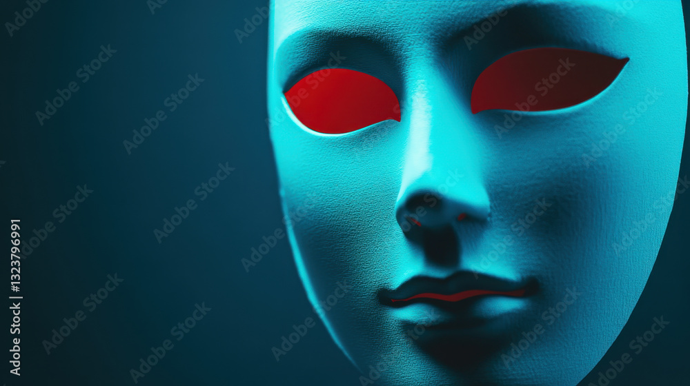 close up of stylized mask with glowing red eyes, set against dark background, evokes sense of mystery and intrigue. smooth texture and unique design create captivating visual