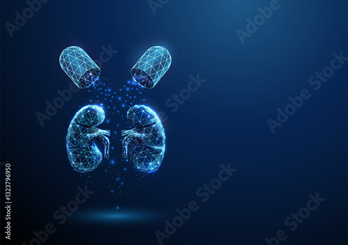 Opened medical drug capsule with falling particles, human kidneys. Healthcare medical pharmacy, treatment, prevention of kidney diseases concept.