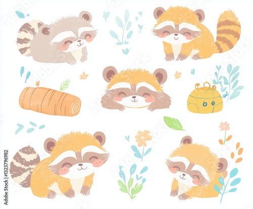 funny baby raccoons on white background.