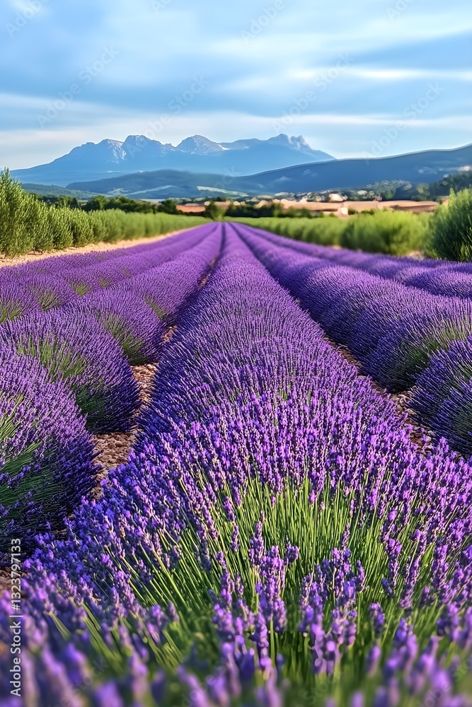 Naklejka premium A photo of blooming lavender fields under a blue sky