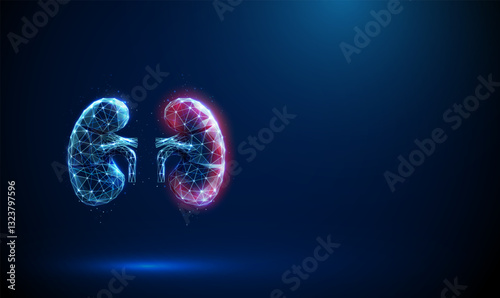 Blue human kidneys with a red surface. Kidney disease, medical diagnosis, technology, artificial intelligence, treatment concept.
