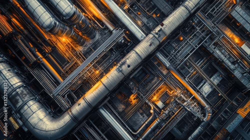 Industrial Pipe Network: A complex and intricate network of pipes and machinery dominates the scene, industrial setting, conveying a sense of power and efficiency. Industrial Pipe Network: A complex and intricate network of pipes and machinery dominates the scene, industrial setting, conveying a sense of power and efficiency.