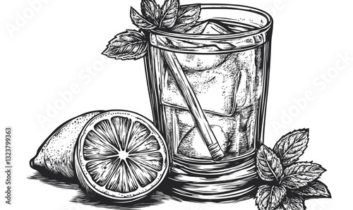 Refreshing lemonade with ice and mint flat icons set, vector style.