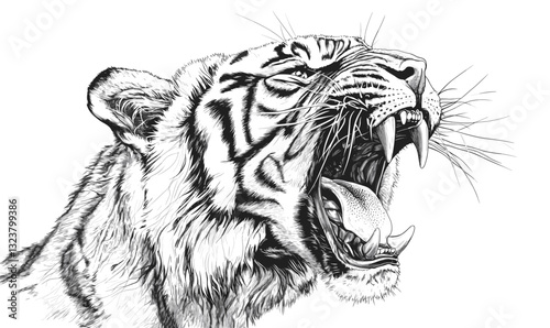 Roaring tiger art: detailed animal portrait in linear style, wildlife icons set, vector.