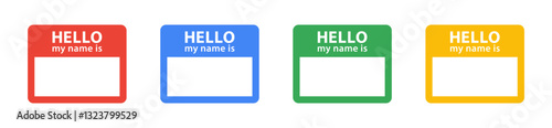Hello, my name is. Name label sticker with an inscription Hello my name is. Red, yellow, green, blue name tag, cards - stock vector.