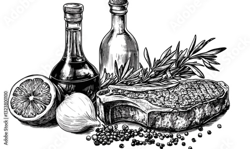 Herbs and spices with steak, olive oil, and vinegar bottles - linear icons set vector.