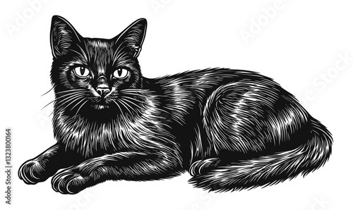 Black cat lying down illustration in linear style, vector icons set.