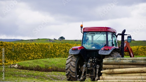 Red tractor in a lush meadow with a stack of logs in a New Zealand farm