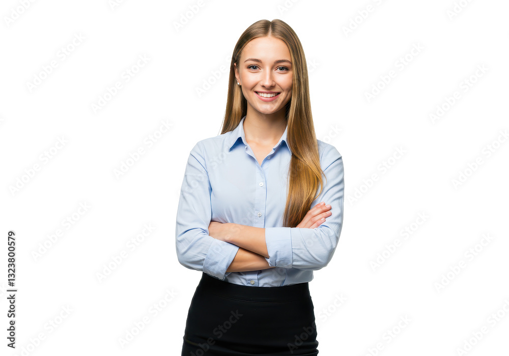 A confident woman with long straight light brown hair stands with her arms crossed isolated on transparent background A confident woman with long straight light brown hair stands with her arms crossed isolated on transparent background