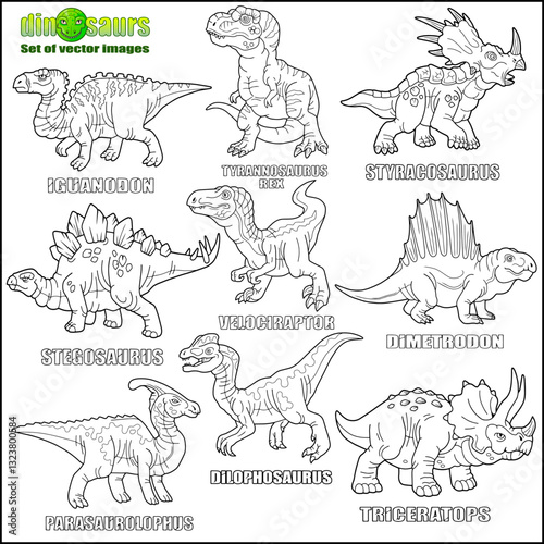 prehistoric dinosaurs, set of images, coloring book
