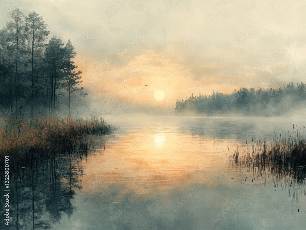 Misty Landscape Watercolor with Ethereal Glow in Hazy Meadow Misty Landscape Watercolor with Ethereal Glow in Hazy Meadow