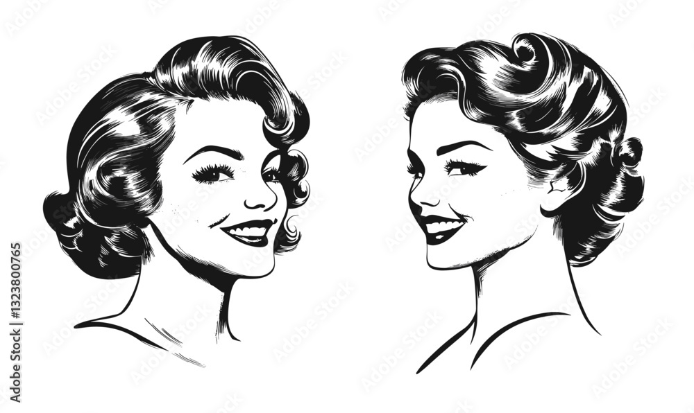 Retro-inspired female hairstyles, 1950s style, flat icons set vector. Retro-inspired female hairstyles, 1950s style, flat icons set vector.