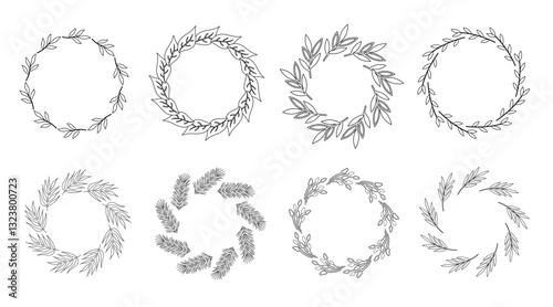 Set of round wreath with twigs and leaves. Black and white linear vector illustration. Plant garland with empty space for text. Contour drawing different branches in circle.
