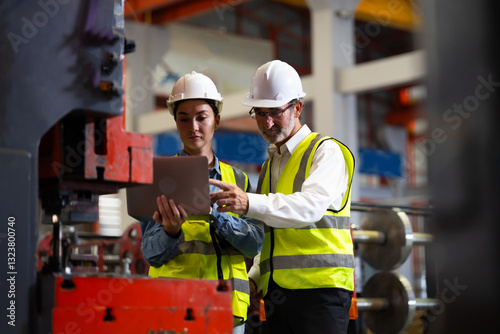 Trainee. caucasian Factory worker training to  apprentice colleague on production line in Heavy Industry Manufacturing Facility. Instructor with Trainee working at factory photo