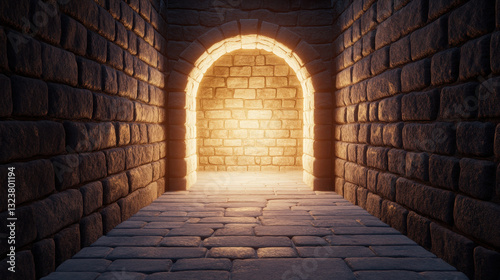 Ancient stone dungeon with illuminated archway, creating mysterious atmosphere. textured walls and cobblestone floor enhance medieval feel of scene