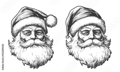 Santa claus faces with fluffy hats, holiday icons set, linear style vector.