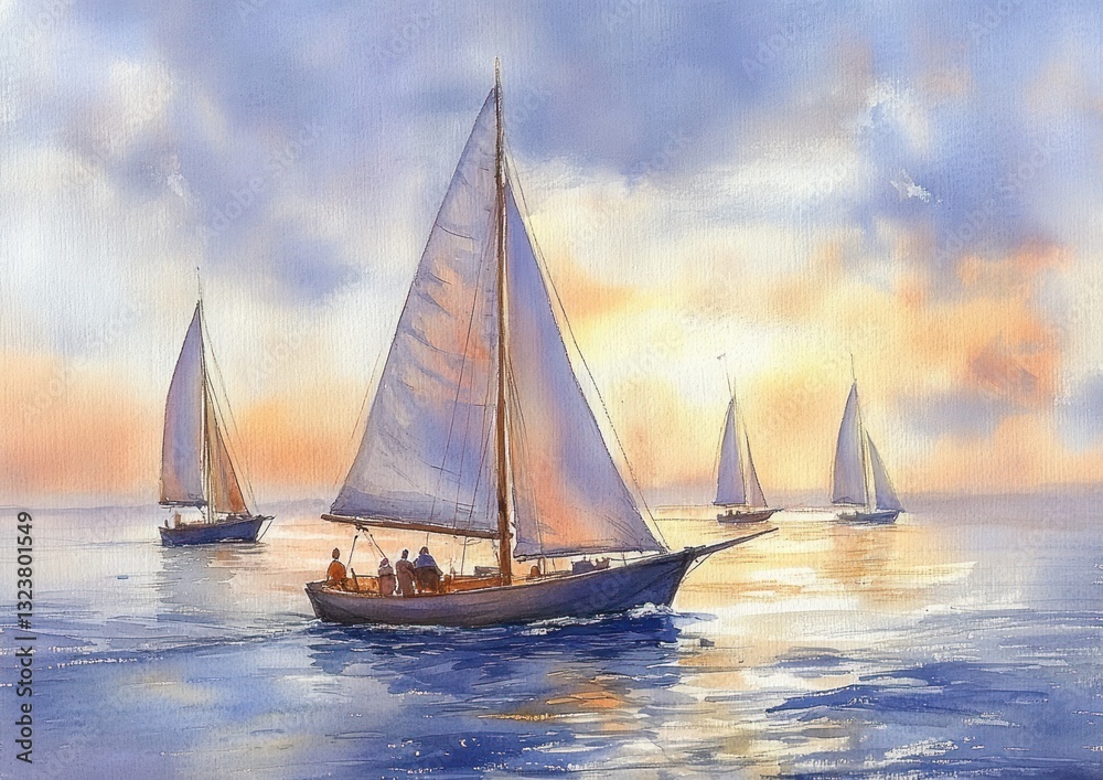 Fototapeta premium Watercolor Painting of Sailboats on Calm Waters at Sunset with Fishermen, Scenic Coastal Landscape