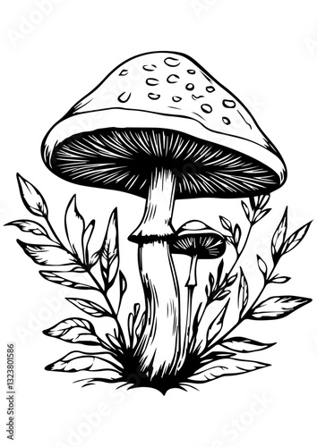 Mushroom illustration, vector mushroom with leaves art, Gift idea, printable, engrave laser, digital prints, mushroom design, vector illustration, cricut, sublimation, logotype design, fantasy 
