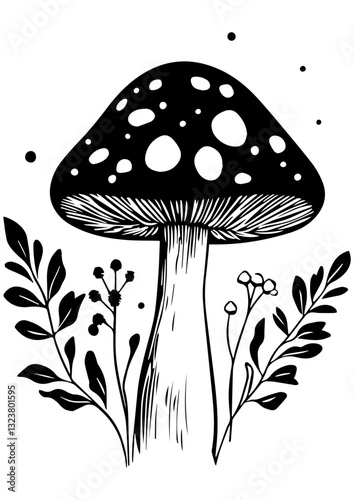 Mushroom illustration, vector fly agaric mushroom art, Gift idea, printable, engrave laser, digital prints, mushroom design, vector illustration, cricut, sublimation, logotype design, fantasy 