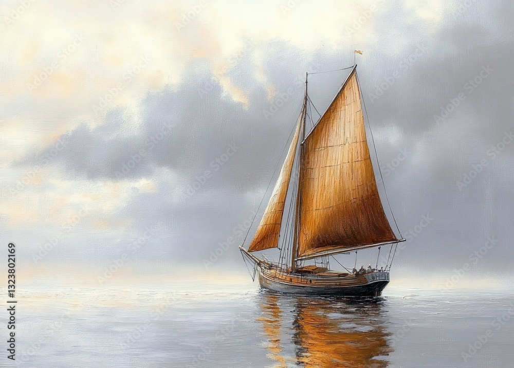 Fototapeta premium Sailboat with Golden Sails in Calm Water Seascape Painting Reflection Fine Art