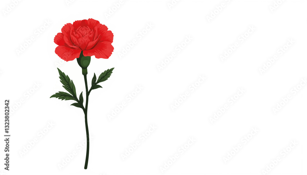 Red carnation flower with green leaves on white background Red carnation flower with green leaves on white background