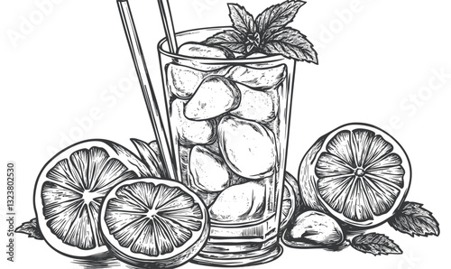 Lemonade glass with mint, ice cubes, and sliced lemons linear icons set vector.