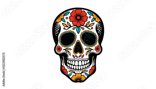 Colorful decorative sugar skull with floral patterns