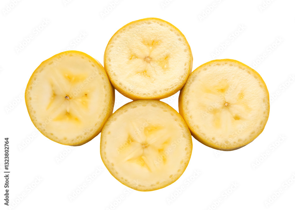 Four banana slices arranged in a cross pattern. Four banana slices arranged in a cross pattern.