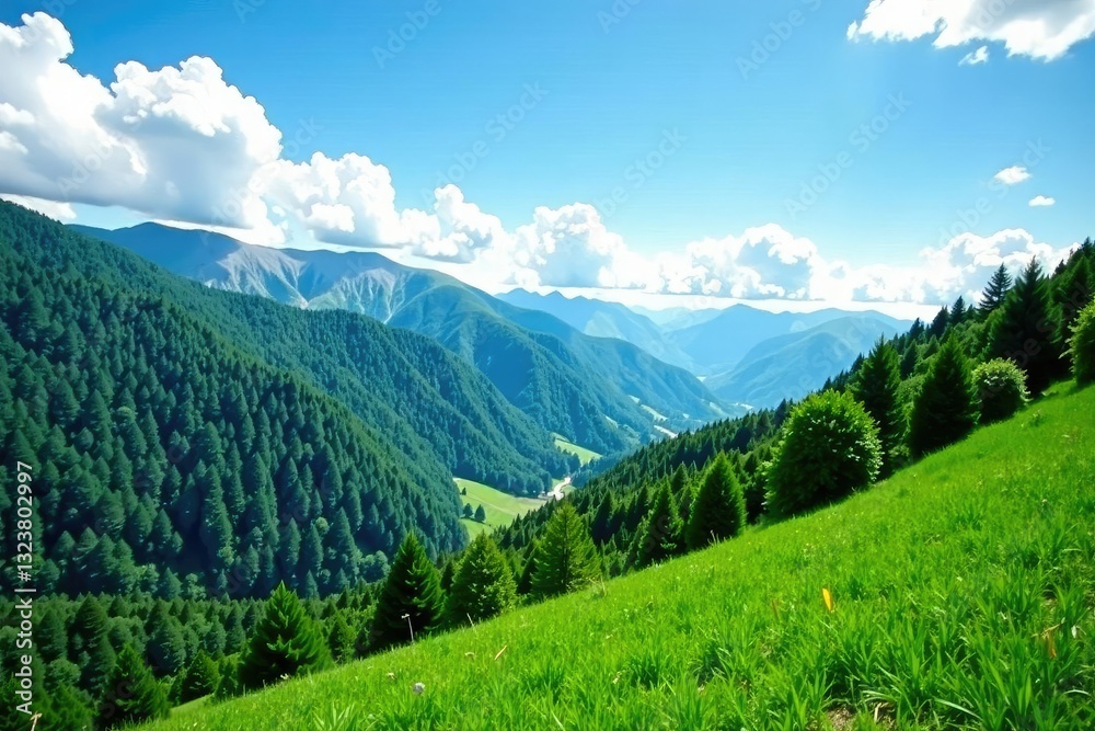 Obraz premium Lush greenery covers the slope of mountains that touch the blue sky above, greenery, mountain slope, forest