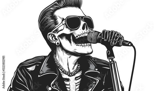 Rockabilly skull singer with microphone in leather jacket – flat vector icons set.