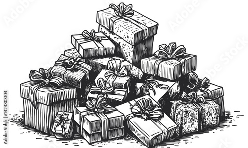 Gift boxes with bows, various sizes and arrangements, monochrome, vector, linear icons set.