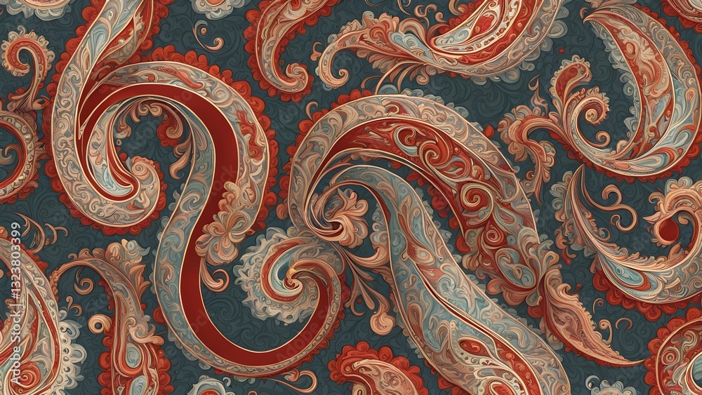 Seamless paisley pattern featuring intricate swirls, ornate details, a rich color palette red, beige, teal a dark teal background. Seamless paisley pattern featuring intricate swirls, ornate details, a rich color palette red, beige, teal a dark teal background.