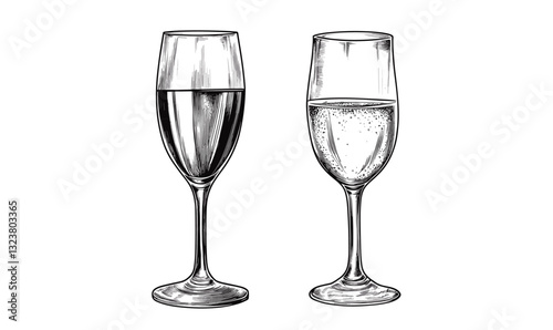 Champagne and wine glasses vector icons set in linear style.