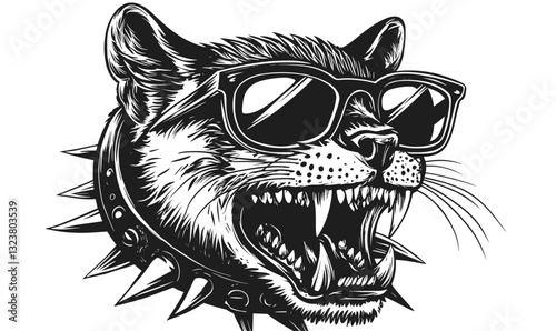 Fierce cat wearing sunglasses with spiked collar - vector, linear style, icons set.