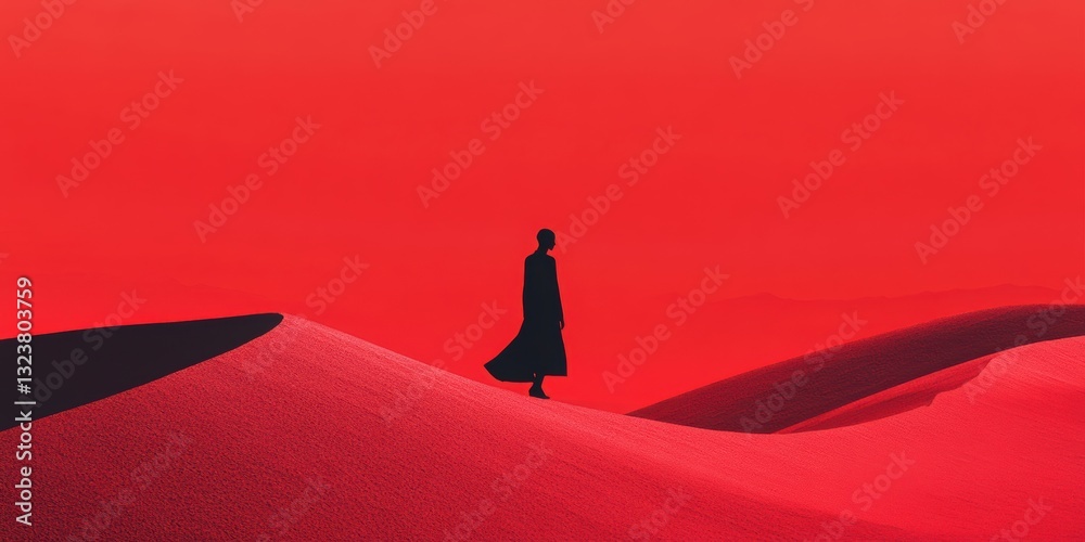 Obraz premium Solitary Figure in the Crimson Desert: A lone figure, draped in a flowing silhouette, navigates the vast expanse of a surreal red desert landscape. Evoking feelings of isolation and contemplation.