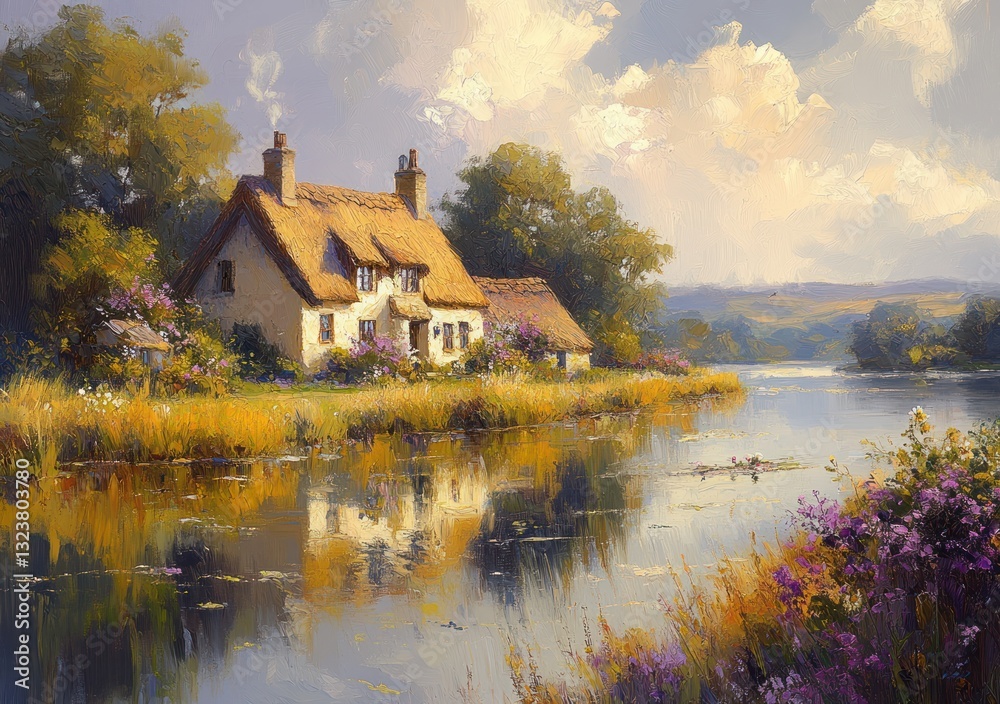 Fototapeta premium Impressionist Countryside Scene with Thatched Cottages Lake and Flower Bushes